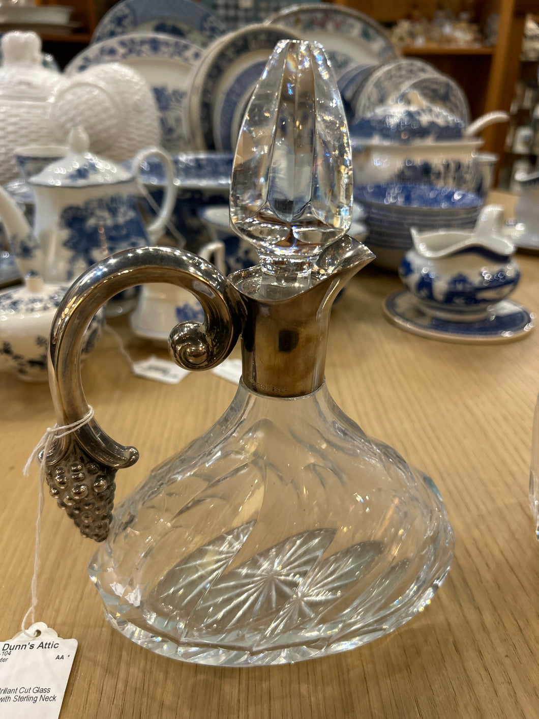 Antique Brilliant Cut Glass Decanter with Sterling Neck and Handle