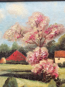 Vintage Lakeside Cottage Oil Painting, Framed