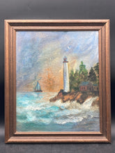 Vintage Artist Signed Nautical Lighthouse Oil Painting