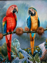 T.May Signed Original Tropical Landscape Parrots Oil Painting