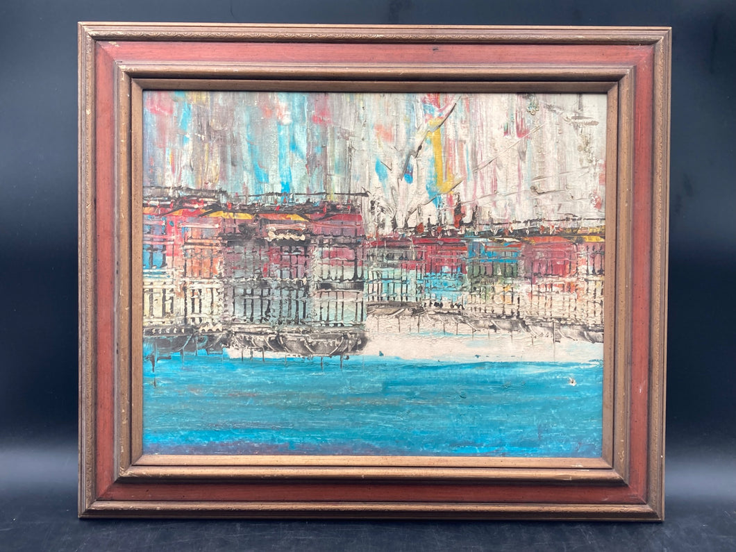 Impressionist European Harbor Oil Painting, Framed