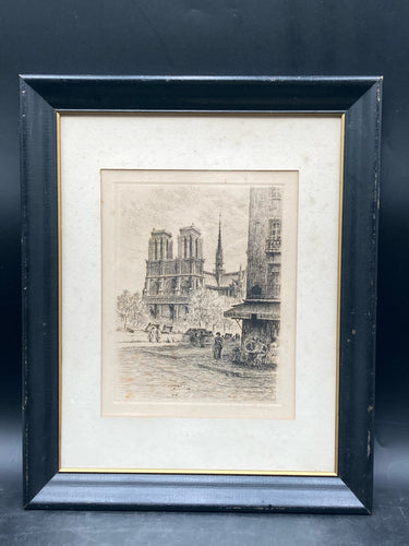 L.E. Chapel Signed Notre Dame Cathedral Paris Etching, Framed