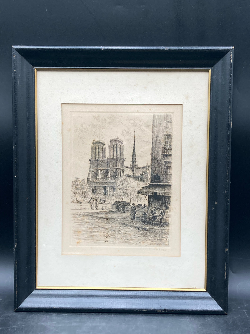 L.E. Chapel Signed Notre Dame Cathedral Paris Etching, Framed