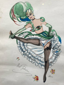 Alice Huertas Signed "Bal Tabarin" French Cancan Girl Colored Drawing