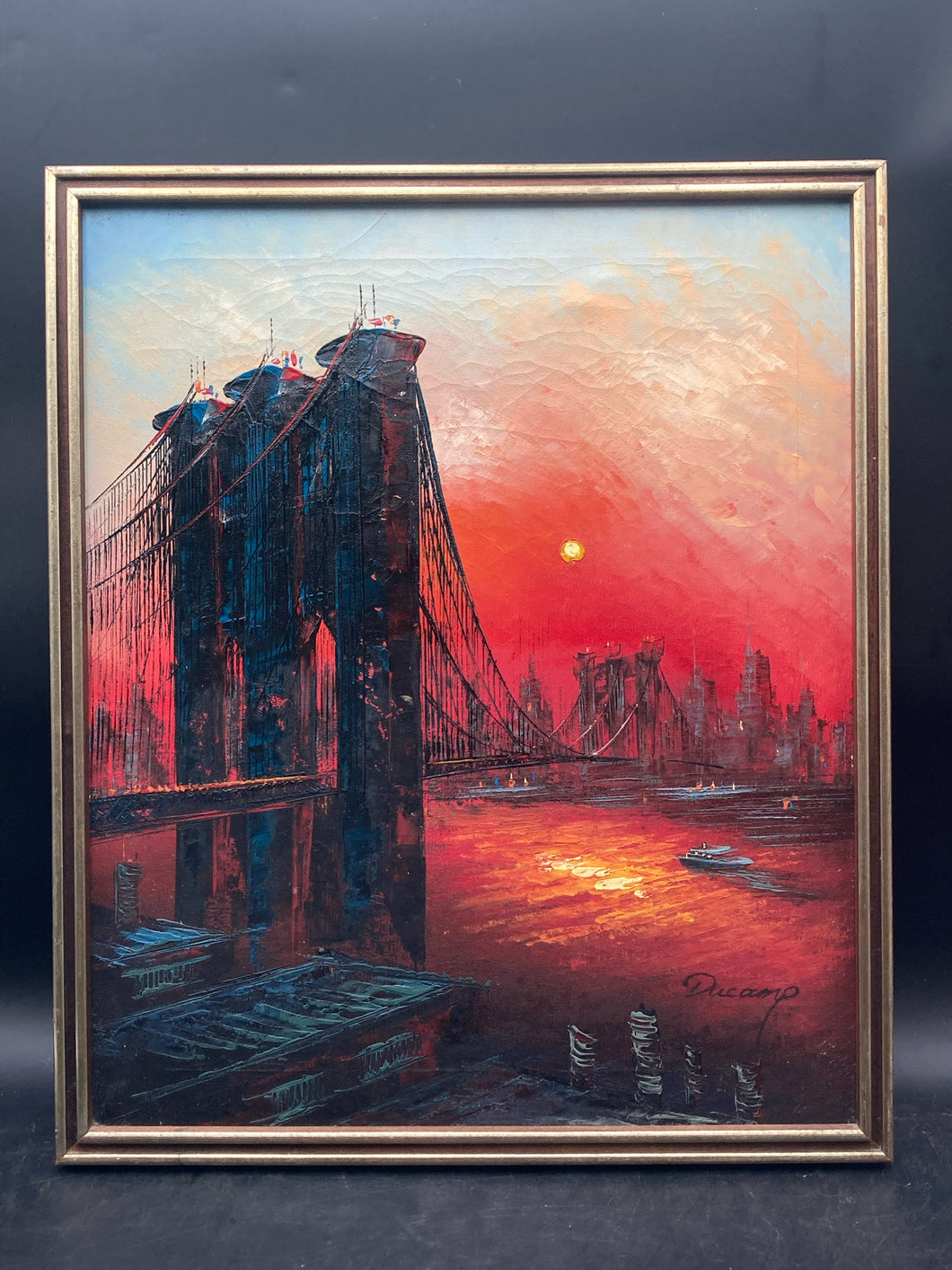 Brookyln Bridge New York City Skyline Oil Painting, Artist Signed