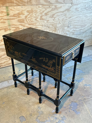 Mid Century Drexel Asian Chinoiserie Black Lacquer Small Gateleg Side Table