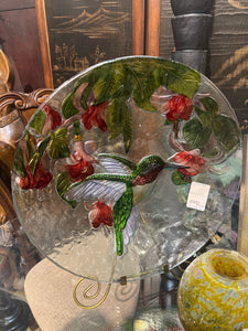 Large Hummingbird Art Glass Plate With Stand