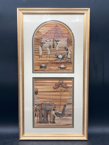 Framed Signed African Banana Leaf Art Elephant & Village Scene