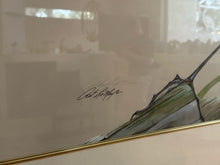 SIGNED ART LAMAY "BLUE HERONS" 27-1/2" X 44-1/2". GLAZED, DOUBLE MATTED AND FRAMED.
