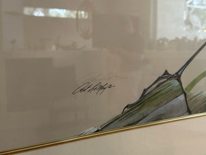 SIGNED ART LAMAY "BLUE HERONS" 27-1/2" X 44-1/2". GLAZED, DOUBLE MATTED AND FRAMED.