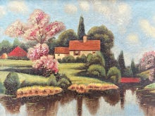 Vintage Lakeside Cottage Oil Painting, Framed