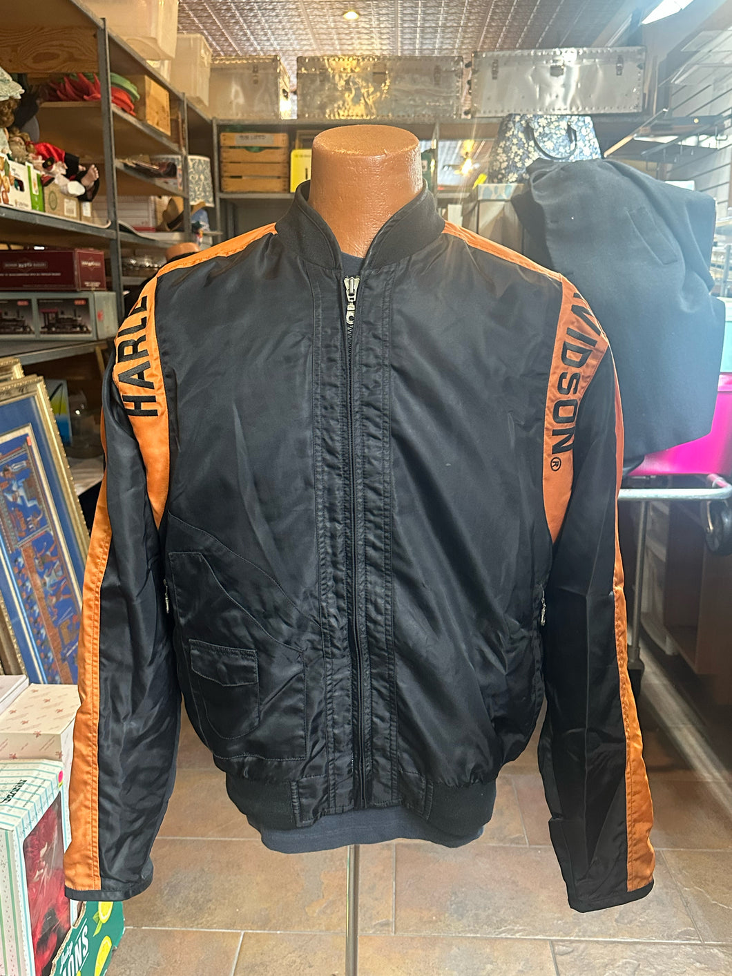 Vintage Harley Davidson Bomber Jacket Mens M Black Orange Motorcyle Biker