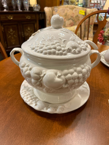 White Ceramic Soup Tureen on Plate w/ Ladle