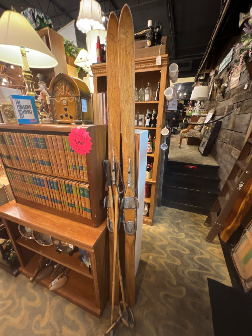 Antique Alpine Snow Skis with Bamboo Poles