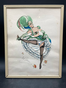 Alice Huertas Signed "Bal Tabarin" French Cancan Girl Colored Drawing