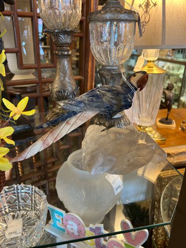 Carved Quartz and Pyrite Parrot on Quartz Crystals