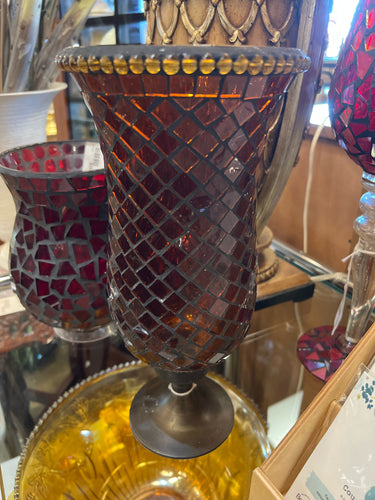 Red Mosaic Glass Candle Holder on Base