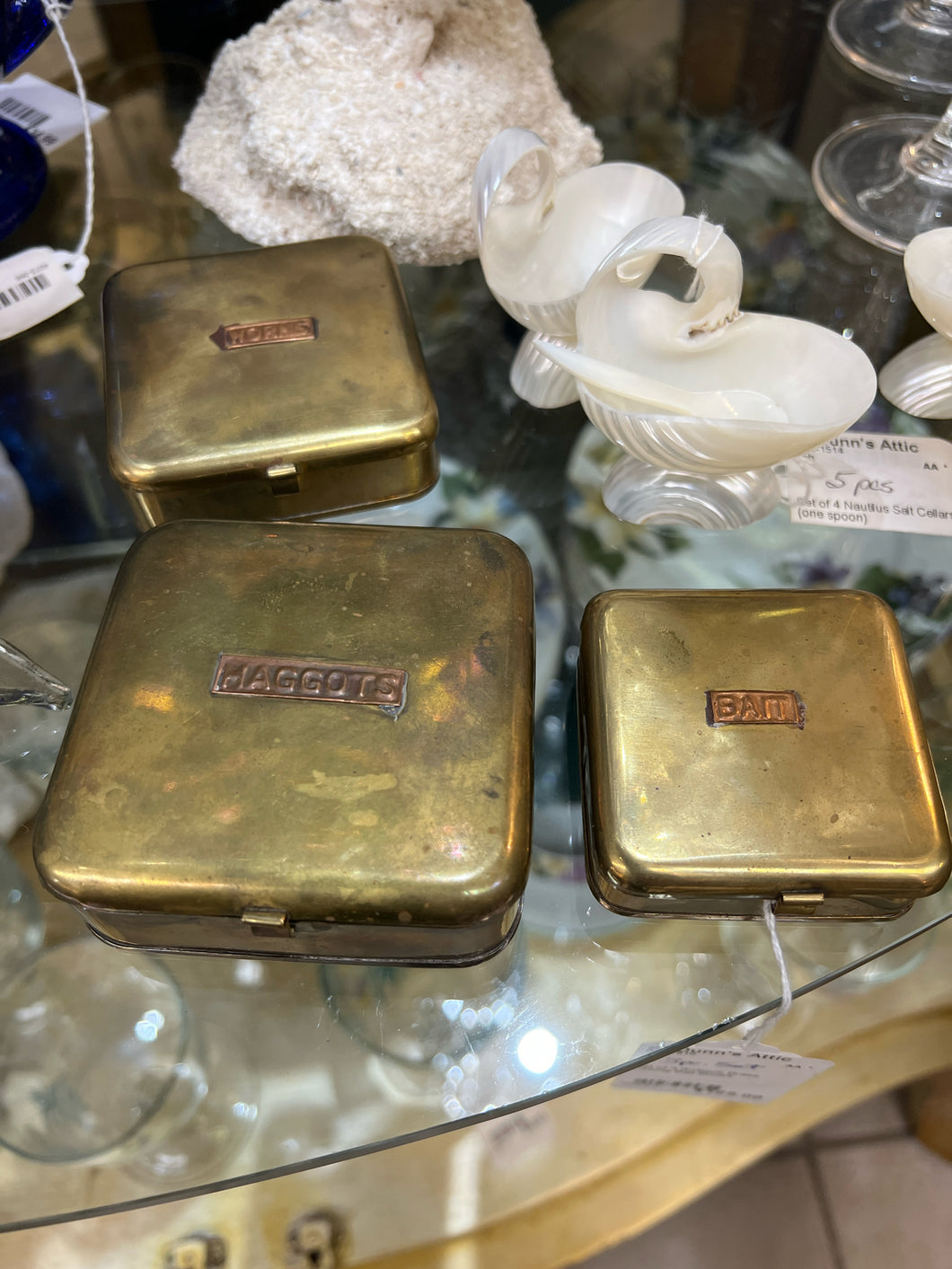 Set of 3 Antique Brass Fishing Bait Boxes