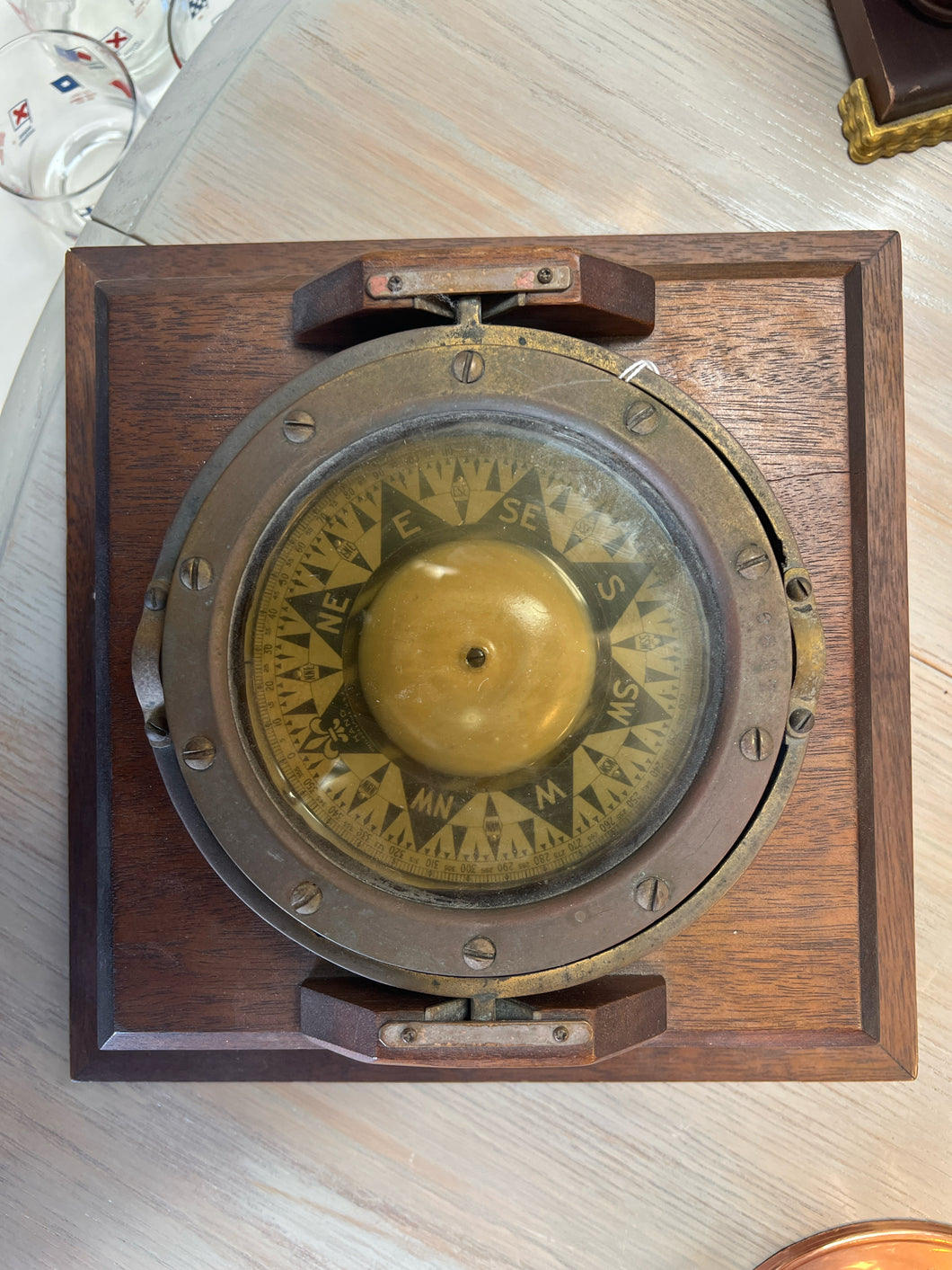 Antique Marine Compass Mounted on Wood Display