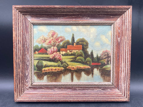 Vintage Lakeside Cottage Oil Painting, Framed
