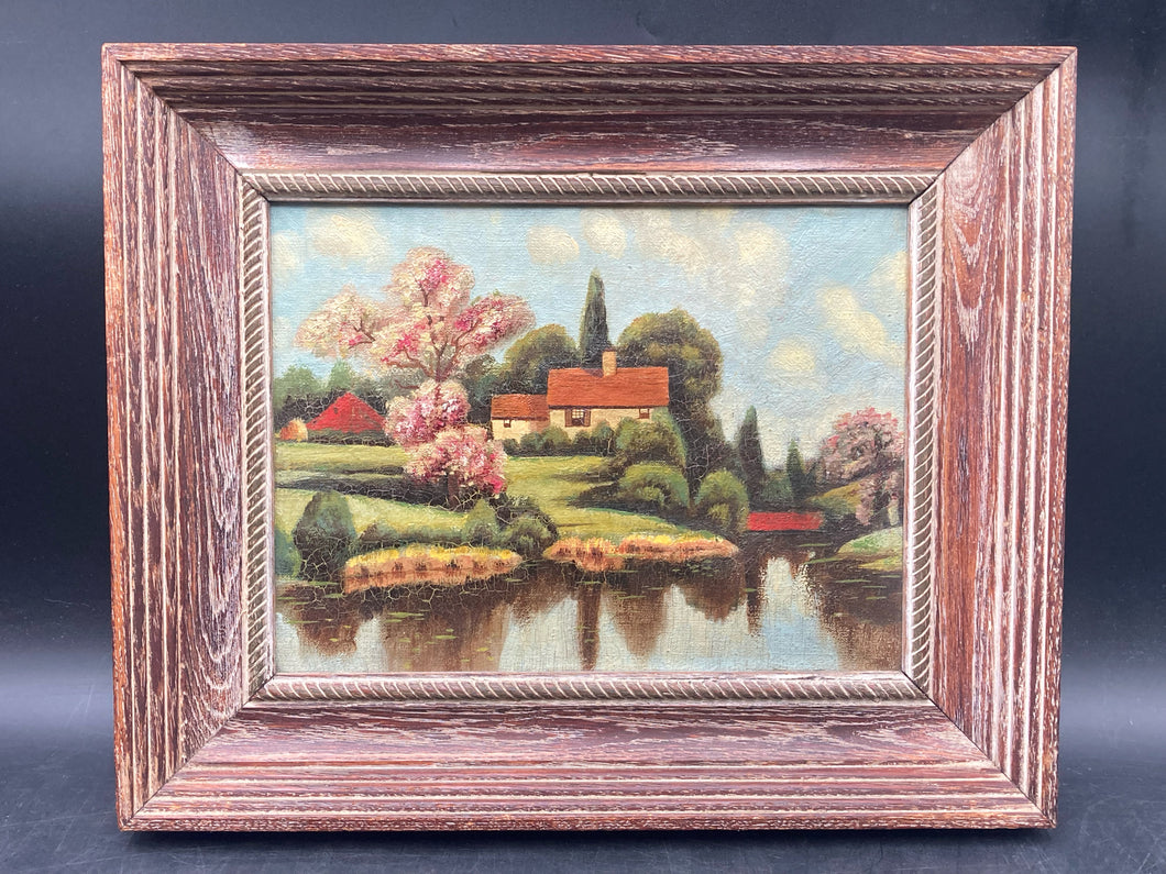 Vintage Lakeside Cottage Oil Painting, Framed