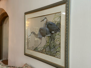 SIGNED ART LAMAY "BLUE HERONS" 27-1/2" X 44-1/2". GLAZED, DOUBLE MATTED AND FRAMED.