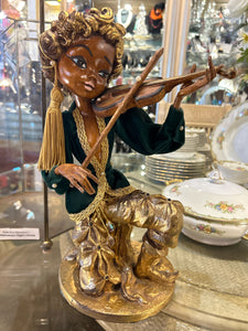 Mid Century Elf Pixie on Violin in Glass Case