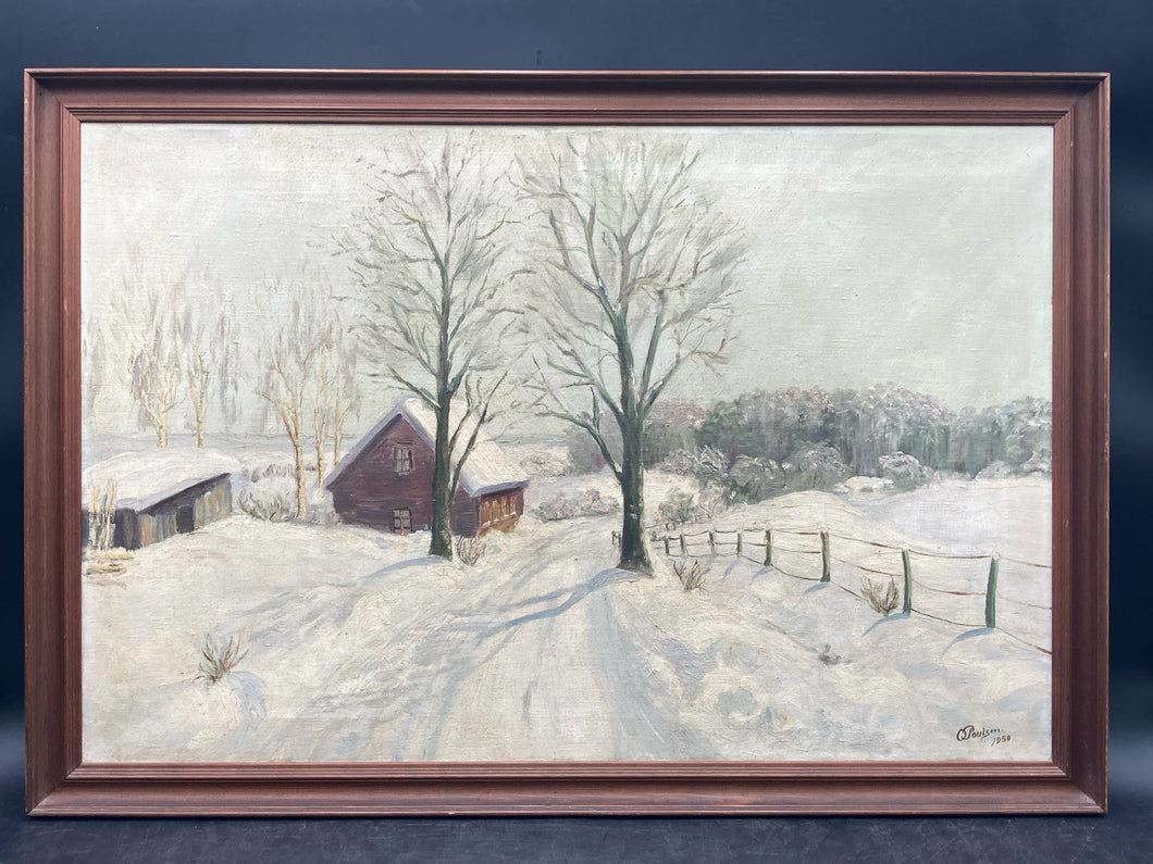 Poulsen Signed Mid Century Winter Landscape Oil Painting
