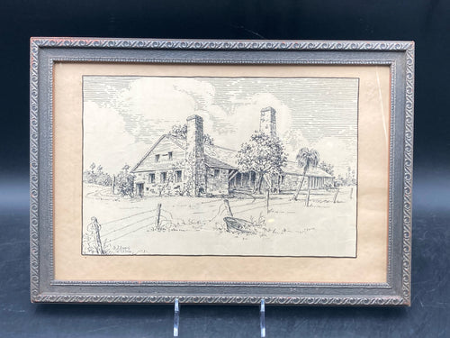 Don J. Emery Signed Antique Florida Sugar Mill Sketch, Framed