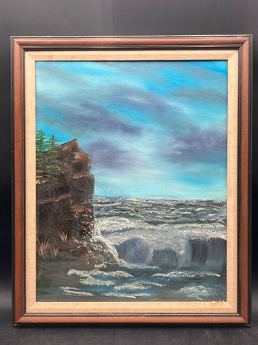 Artist Signed Coastal Cliff Landscape Acrylic Painting, Framed