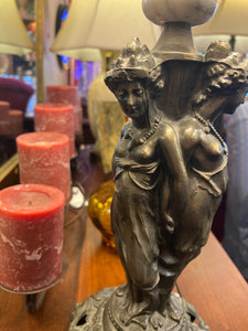 Art Nouveau "Three Graces" Bronze Lamp WIth Linen Shade