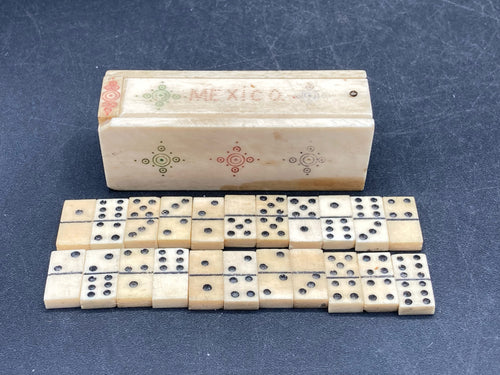Antique Mexican Bovine Bone Miniature Dominoes Game