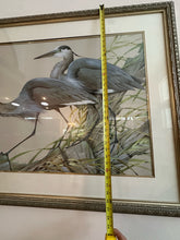 SIGNED ART LAMAY "BLUE HERONS" 27-1/2" X 44-1/2". GLAZED, DOUBLE MATTED AND FRAMED.