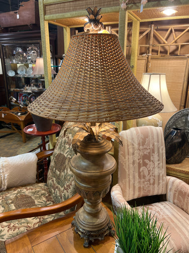 Large Brown Ceramic Lamp With Rattan Shade