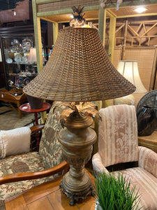 Large Brown Ceramic Lamp With Rattan Shade