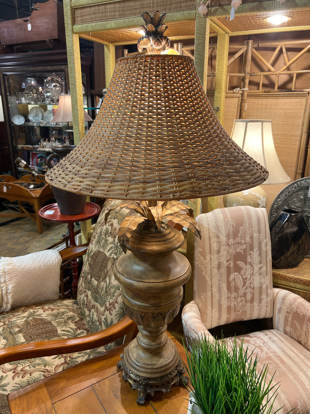 Large Brown Ceramic Lamp With Rattan Shade