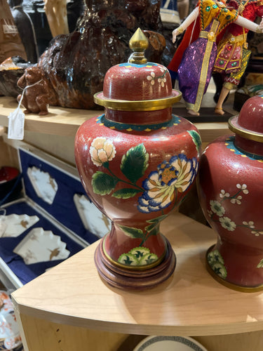 Vintage Asian Cloisone Jar WIth Lid on Stand