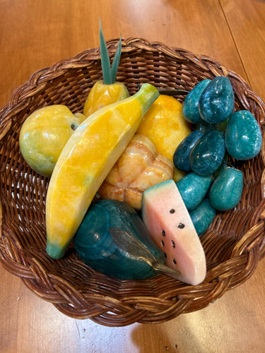 9 Piece Set of Vintage Alabaster Stone Fruits in Basket