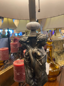Art Nouveau "Three Graces" Bronze Lamp WIth Linen Shade