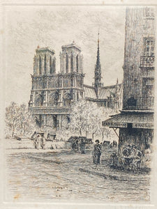 L.E. Chapel Signed Notre Dame Cathedral Paris Etching, Framed