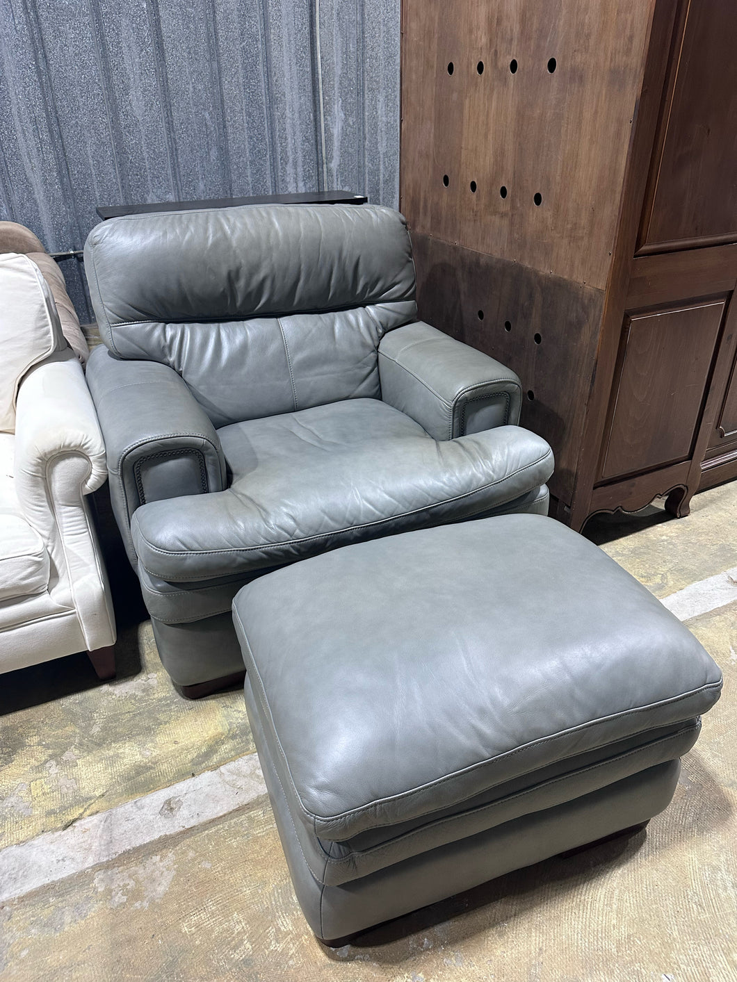 La-Z-Boy Grey Leather Chair & Ottoman