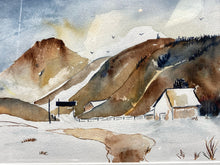 Original Winter Mountain Ranch Landscape Watercolor Painting