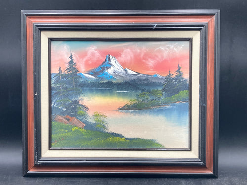 Artist Signed Bob Ross Inspired Mountain Landscape Painting, Framed