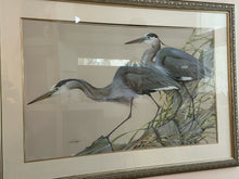 SIGNED ART LAMAY "BLUE HERONS" 27-1/2" X 44-1/2". GLAZED, DOUBLE MATTED AND FRAMED.
