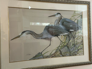SIGNED ART LAMAY "BLUE HERONS" 27-1/2" X 44-1/2". GLAZED, DOUBLE MATTED AND FRAMED.