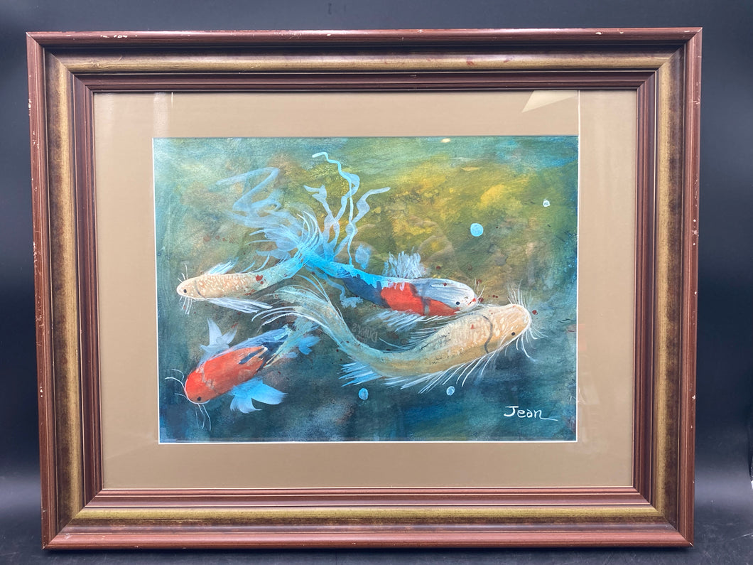 Artist Signed Original Koi Fish Watercolor Painting, Framed