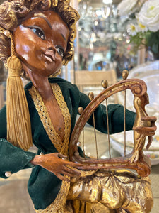 Mid Century Elf Pixie on Harp in Glass Case