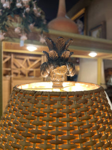 Large Brown Ceramic Lamp With Rattan Shade