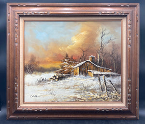 Artist Signed Winter Landscape Oil Painting, Framed