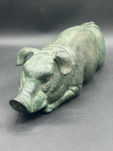 12" Antique Bronze Sleeping Pig Statue